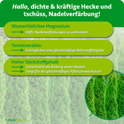Wasserlösliches Magnesium hilft, Nadelverfärbungen zu verhindern, Tonmineralien ermöglichen eine gleichmäßige Nährstoffabgabe und Stickstoff unterstützt neue Nadeln sowie gleichmäßiges Wachstum.