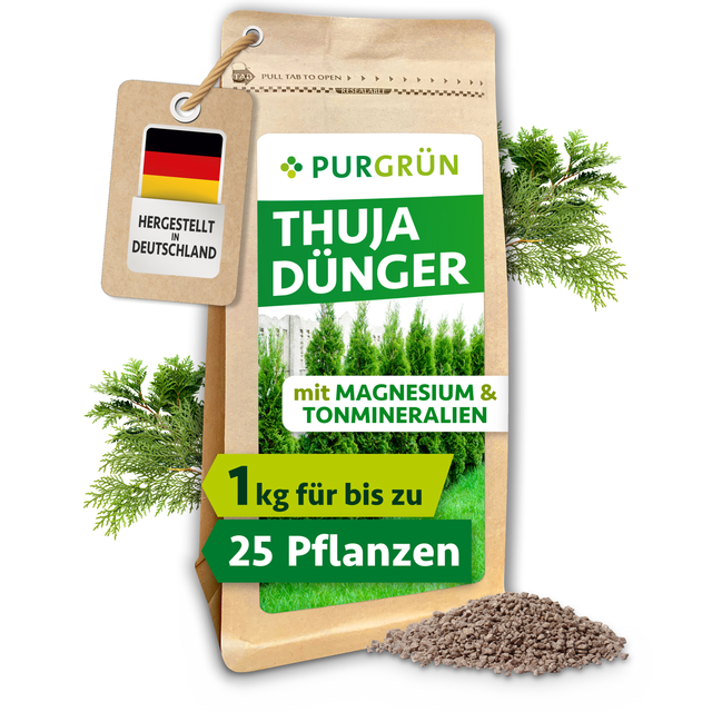 Purgrün Thuja-Dünger, 1 kg, im wiederverschließbaren Beutel mit sichtbarem Granulat und Thuja-Zweigen.