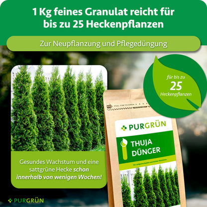 1 kg feines Granulat reicht zur Neu- und Pflegedüngung für bis zu 25 Heckenpflanzen und fördert eine sattgrüne Hecke innerhalb weniger Wochen.