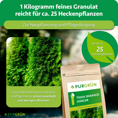 1 kg feines Granulat reicht für ca. 25 Heckenpflanzen und dient zur Neupflanzung und Pflegedüngung; gesundes Wachstum wird innerhalb weniger Wochen versprochen.