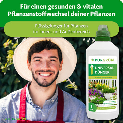 Purgrün Universaldünger als Flüssigdünger für Pflanzen im Innen- und Außenbereich, beworben für einen gesunden und vitalen Pflanzenstoffwechsel.