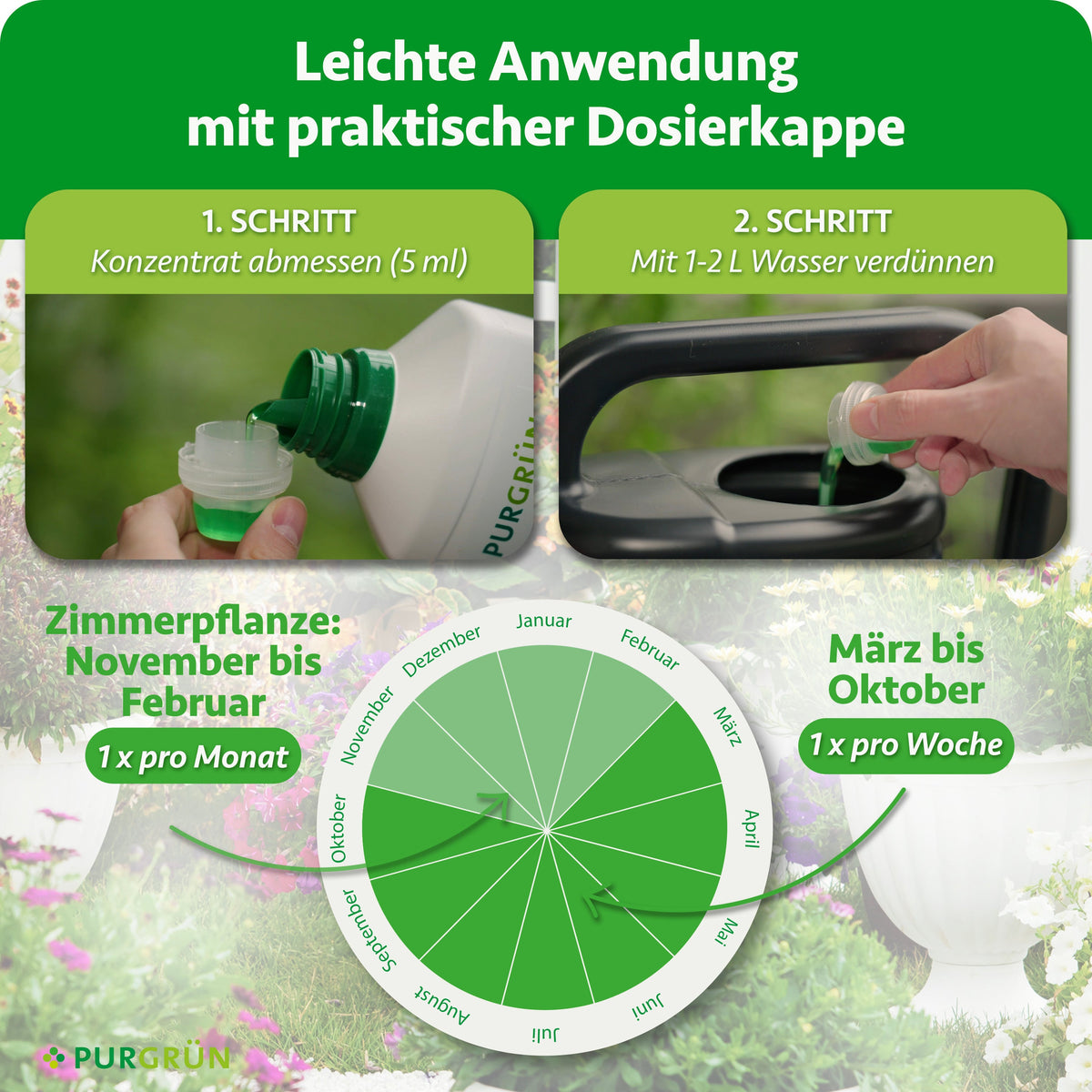 Anwendung: 5 ml Konzentrat abmessen und mit 1–2 Litern Wasser verdünnen. Zimmerpflanzen von November bis Februar 1× pro Monat, von März bis Oktober 1× pro Woche düngen.