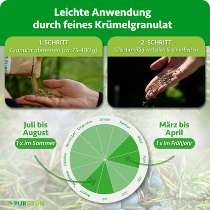 Anwendung: ca. 75–400 g Granulat abmessen, gleichmäßig verteilen und einarbeiten; je einmal von März bis April und von Juli bis August düngen.