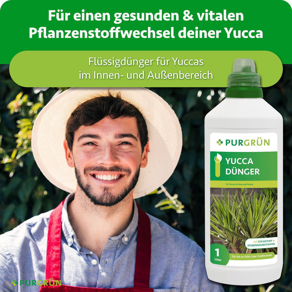 Flüssigdünger für Yuccas im Innen- und Außenbereich, beworben für einen gesunden und vitalen Pflanzenstoffwechsel.