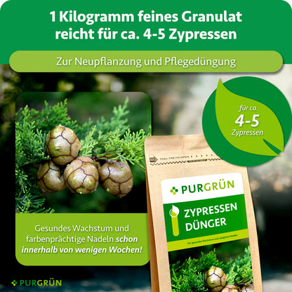 1 kg feines Granulat reicht für ca. 4–5 Zypressen zur Neupflanzung und Pflegedüngung; gesundes Wachstum und farbenprächtige Nadeln werden innerhalb weniger Wochen versprochen.